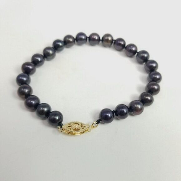 Vintage Black Cultured Pearl Beaded Bracelet, Yellow Gold Filled Clasp, Estate - Picture 1 of 9